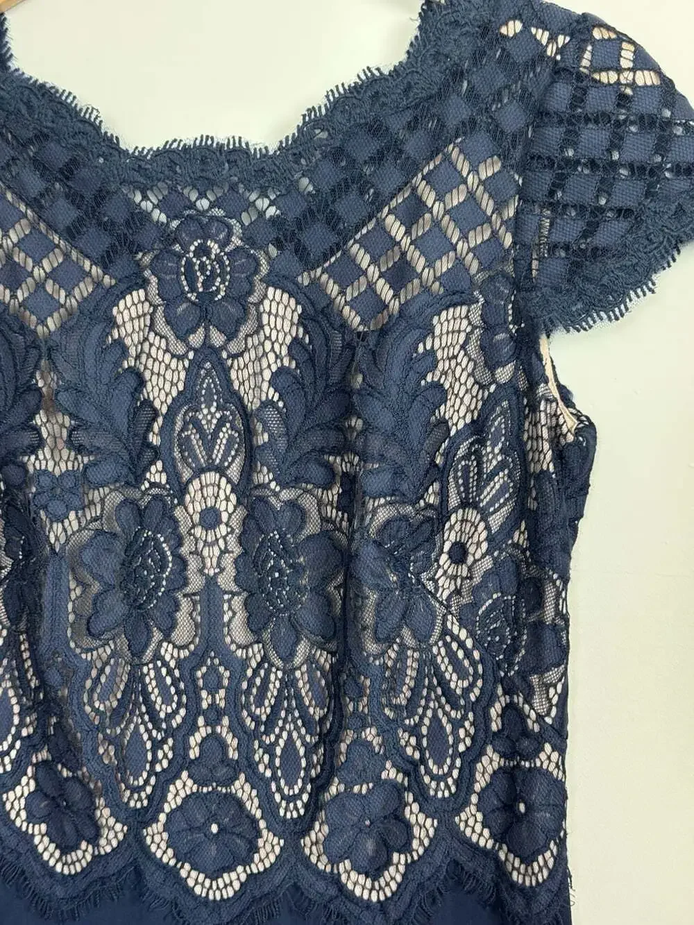 Tadashi Shoji Blue Floral Lace V-Neck Cap Sleeve Long Gown Zip Size 12